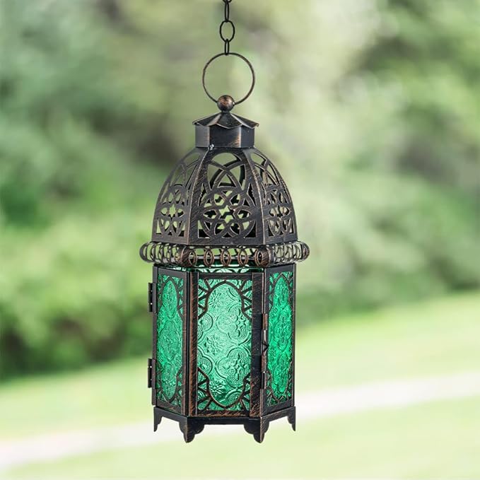 NEEDOMO Hanging Moroccan Lantern, 12.8'' Vintage Candle Holder, Metal Lanterns Decorative Indoor Outdoor, Table, Patio, Porch, Shelf, Gothic Home Decor (Green, Large Size)-Ruum Studio Home