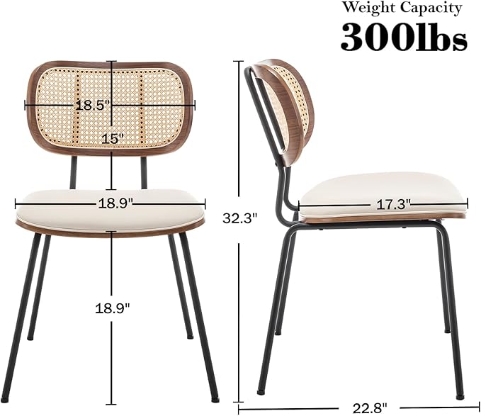 Rattan Dining Chairs Set of 4, Mid Century Modern Dining Chairs with Cane Back for Kitchen Dining Room, 19 Inch Faux Leather Beige-Ruum Studio Home