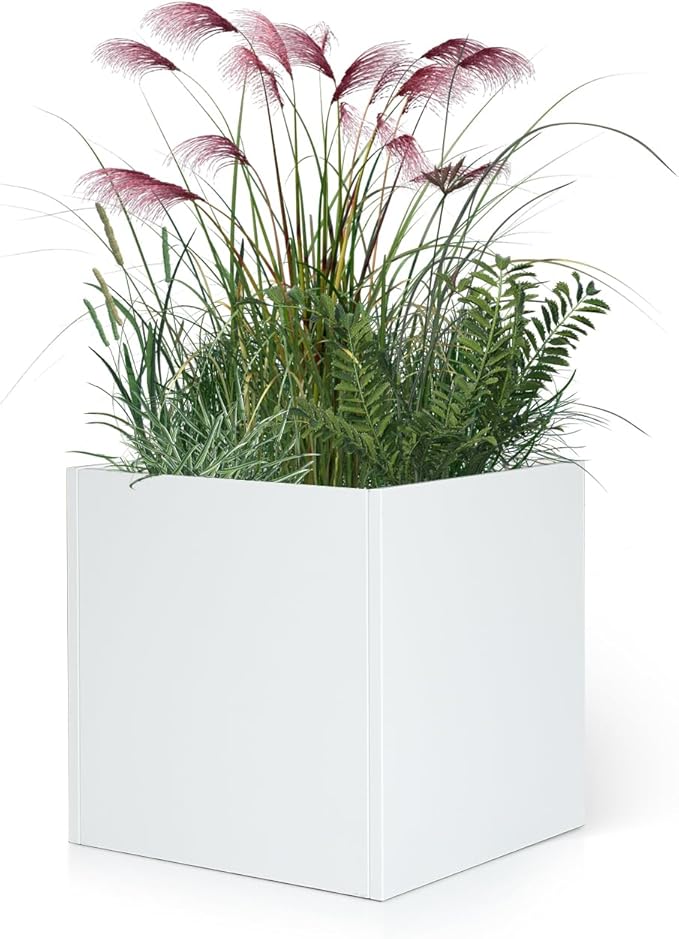 White Outdoor Planter Square Steel Planters Galvanized Steel Planter Box Indoor Metal Large Planters Cube Heavy Duty Flower Pot 20 Inch Modern Commercial Residential for Trees Patio Deck Yard Garden-Ruum Studio Home