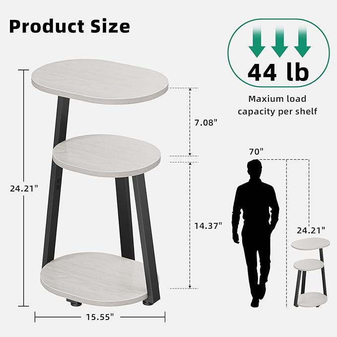 Side Table, Small End Table with Metal Frame, 3-Tier Bedside Tables, Round Side Tables for Living Room Bedroom Couch Bathroom, Oval, White Maple-Ruum Studio Home