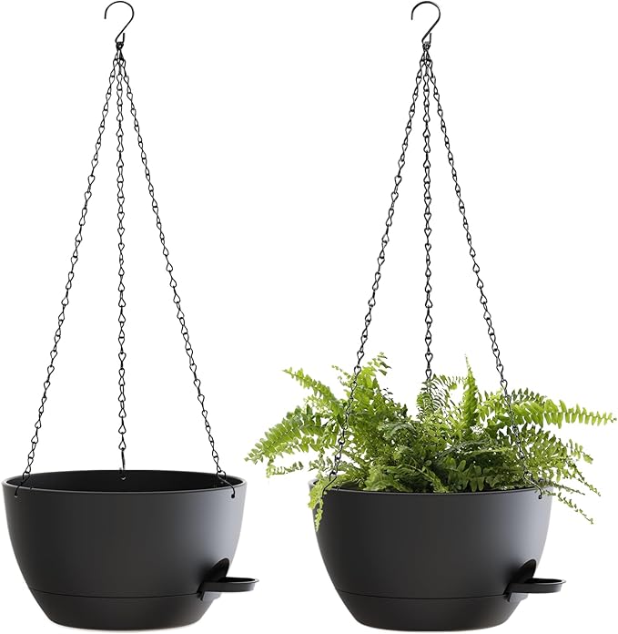 12 Inch Hanging Baskets 2 PC with Chains, Self-Watering Hanging Planters for Indoor Outdoor Plants, Plastic Hanging Flower Pots,Black-Ruum Studio Home