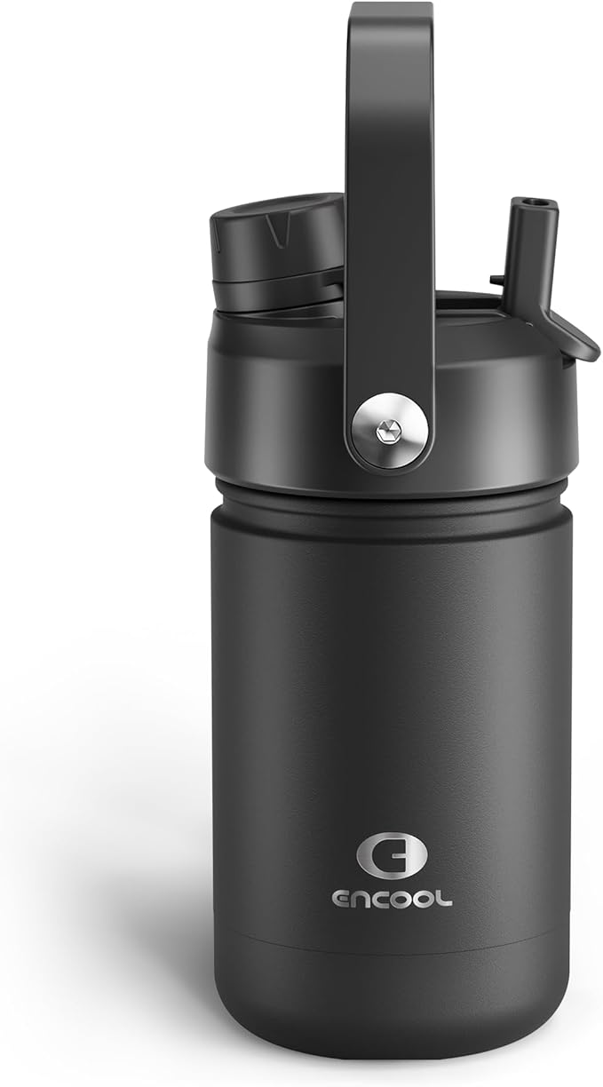 Kids Insualated Water Bottle with Straw - 12oz Stainless Steel Water Bottle with Dual Spouts, Leak-Proof, BPA-Free, Double Wall Vacuum Keeps Cold for 24 Hours for Sports, Travel, School (Black Night)-Ruum Studio Home
