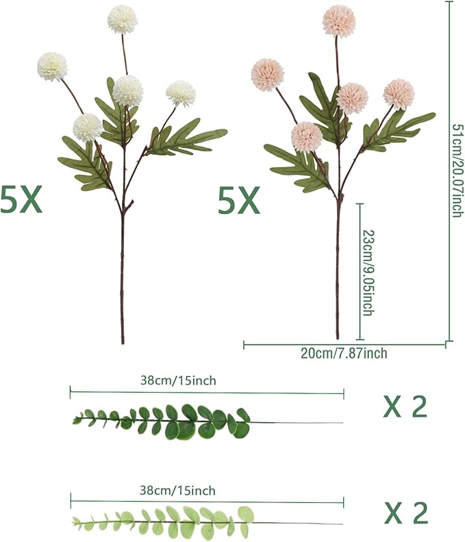 Faux White & Pink Kiku Flower, 10 Stems with 5 Heads Each & 4 Branches Eucalyptus Stems, Artificial Small Mini Chrysanthemum Flowers for Aesthetic Room Decor, Floral Arrangements Centerpiece-Ruum Studio Home