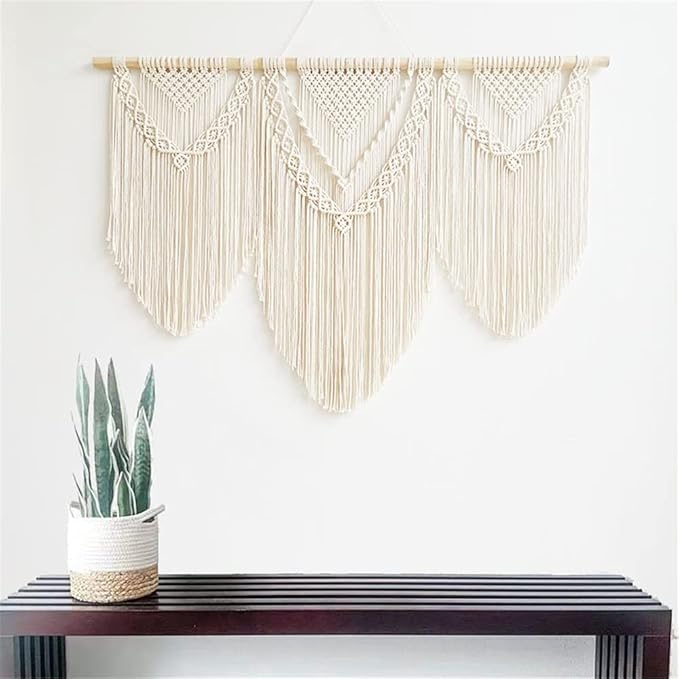 large macrame wall hanging - Boho Tapestry Macrame Wall Decor Art- Chic Bohemian Handmade Woven Tapestry Home Decoration for Bedroom Living Room Apartment Wedding Party - 43"x32" (Beige-Triangle)-Ruum Studio Home