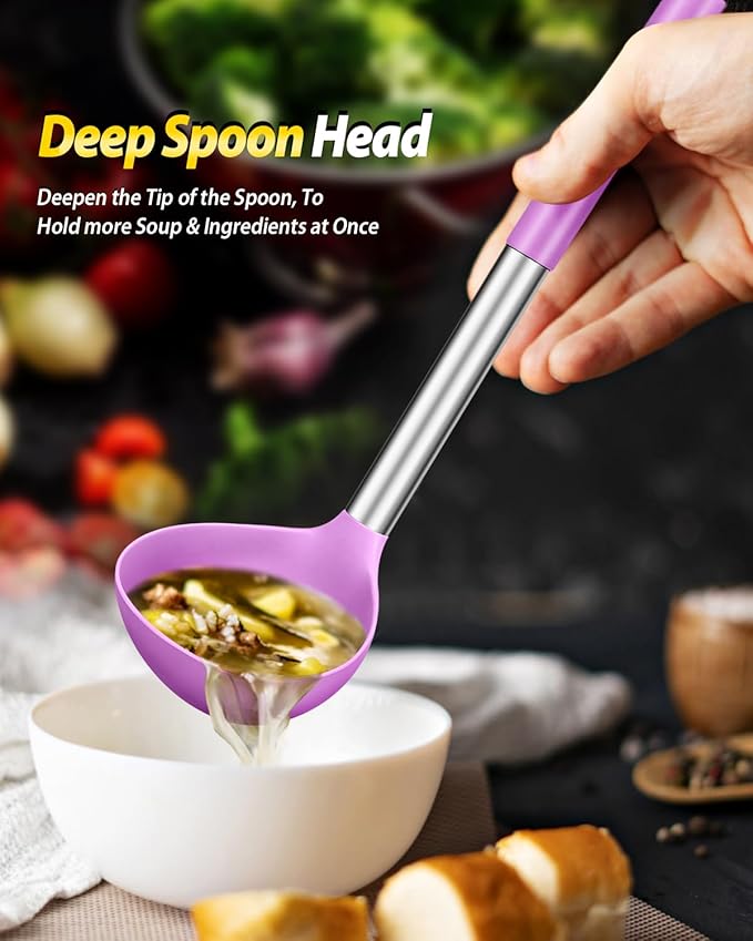 Silicone Pasta Fork and Ladle Spoon Set, Large Non Stick Kitchen Utensils for Cooking,Stirring,Serving Spaghetti, Soup, Sauce (PURPLE)-Ruum Studio Home