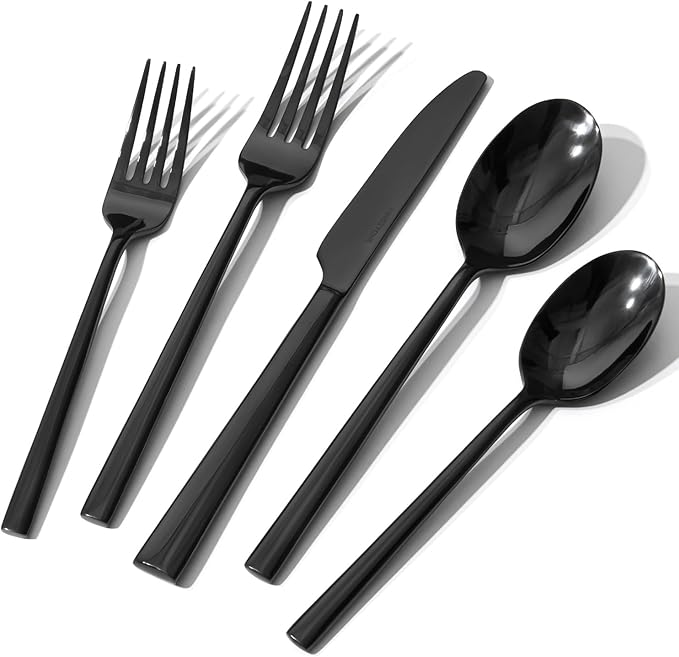 KINGSTONE Black Silverware Set, 40-Piece Forged Flatware Set Cutlery Set Premium Stainless Steel, Service for 8, for Kitchen, Home, Wedding, Party, Mirror Polished and Dishwasher Safe-Ruum Studio Home