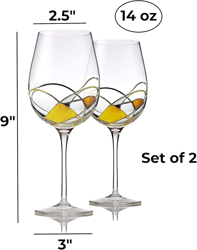 Bezrat Wine Glasses Hand Painted - Set of 2 - Women Wine Gift - Wine Lover Glass - Beautiful Glassware Gifts Ideas for Women Inspired by 'Duomo di Milano' Mothers Day - 12 oz (Gold)-Ruum Studio Home