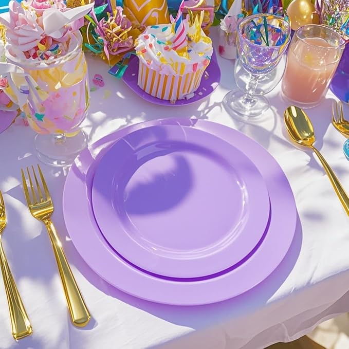 FLOWERCAT 60PCS Purple Plates - Heavy Duty Purple Plastic Plates Disposable for Easter Party/Wedding - Include 30PCS 10.25" Dinner Plates and 30PCS 7.5" Dessert Plates-Ruum Studio Home