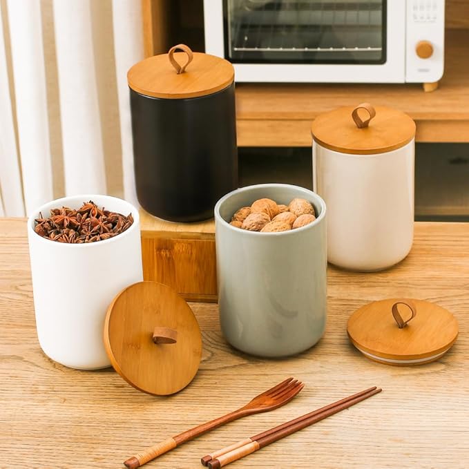 Large Ceramic Storage Jars, Modern Elegant Highly Polished Airtight Gorgeous Storage Canisters with Wooden Lid Food Storage Jar for Kitchen Spice Tea Vanilla Sugar Coffee Beans (Black)-Ruum Studio Home