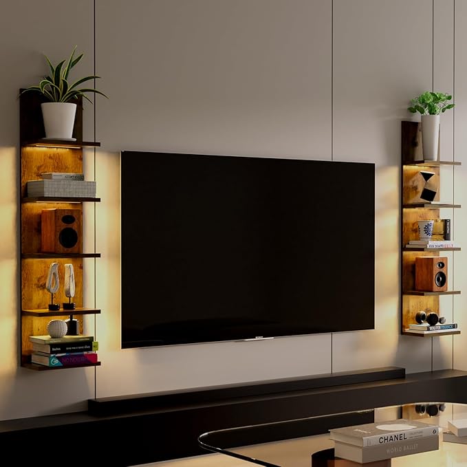 5 Tier Wall Shelf Unit, Modern Vertical Lack Wall Shelves with Light, Wall Mount, Floating Column Home Decor Shelves for Bedroom, Living Room, Vanity Storage Display(Dark Brown)-Ruum Studio Home