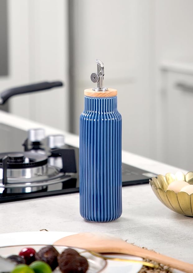 Nucookery Ceramic Olive Oil Dispenser Bottle for Kitchen, 14 oz Opaque Vinegar Dispenser Bottle, Large Capacity Cooking Oil Container for Storage Vinegar, Soy Sauce, Coffee Syrup, Blue-Ruum Studio Home