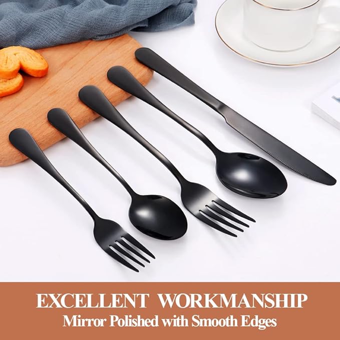 Lazycorner 40 Pcs Black Silverware Set for 8, Mirror Polished Flatware Set Stainless Steel Fork Knife Spoon, Food Grade Eating Utensils Sets, Reusable Silverwear Cutlery Set, Dishwasher Safe-Ruum Studio Home