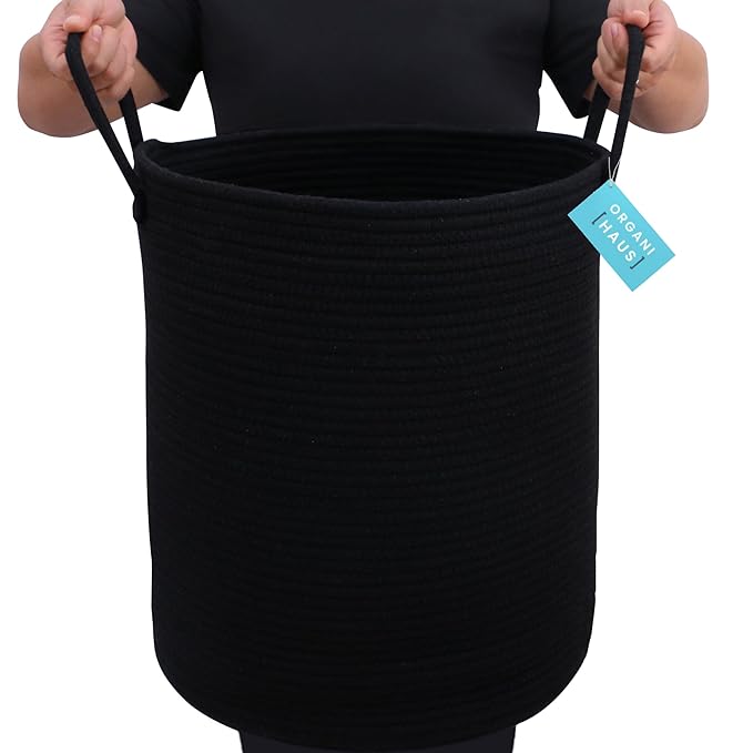 OrganiHaus Woven Laundry Basket - Large Round Black Rope Basket for Dirty Clothes, Blankets, Toys & Nursery Organizers - 38x45cm-Ruum Studio Home