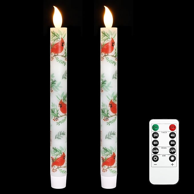 Cardinal Bird Flameless Taper Candles with Remote - Red Bird Theme LED Taper Candles for Home Xmas Holiday Party Christmas Decoration - 2PCS 9.5INCH-Ruum Studio Home