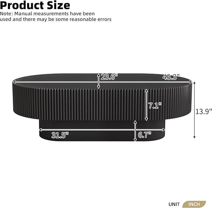 43.3" Oval Fluted Coffee Table Modern Elegant Drum End Table, Minimalist Center Table 7.8" Thick Tabletop with Sturdy Base for Living Room, Bedroom, Apartment,Easy Assembly, Black-Ruum Studio Home