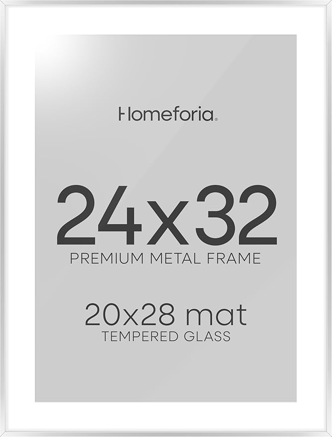 Homeforia Poster Frame 24x32 Silver, High End Metal 24 x 32 Large Picture Frame with Mat 20 x 28 Photo, 24x32 Silver Frames Matted to 20x28 Print, 32x24 Thin Frames, Tempered Glass, Wall Kit, Set of 1-Ruum Studio Home