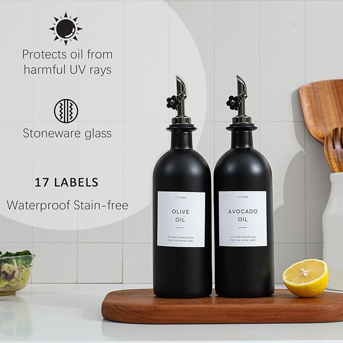 HOMCDALY Olive Oil Dispenser for Kitchen, 16oz Glass Oil Bottles with Bamboo Tray, Black Oil&Vinegar Cruet Set, Kitchen Dispenser Bottles with Pourer | Set of 2 (16oz – Black)-Ruum Studio Home