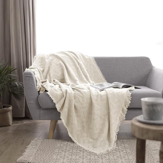 Simple&Opulence 100% Cotton Throw Blanket for Bed, Couch, Boho Luxury Geometric Knit Woven Blanket with Tassels Soft Lightweight Cozy Breathable, Vintage Farmhouse Decoration for All-Season(White)-Ruum Studio Home