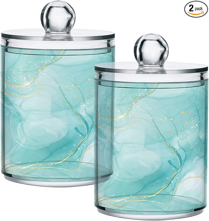 2 Pack Qtip Holder Dispenser Turquoise Marble Bathroom Storage Canister Lid Acrylic Plastic Apothecary Jar Set Vanity Makeup Organizer for Cotton Swabs/Pads/Floss-Ruum Studio Home