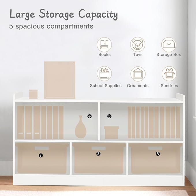 Montessori Shelf, Wooden Toy Storage Organizer for Books Toys, 2 Shelf Bookcase, 5-Section Storage Cabinet, Toddler Book Shelf for Kids Rooms, Playroom, Nursery, Kindergarten-Ruum Studio Home