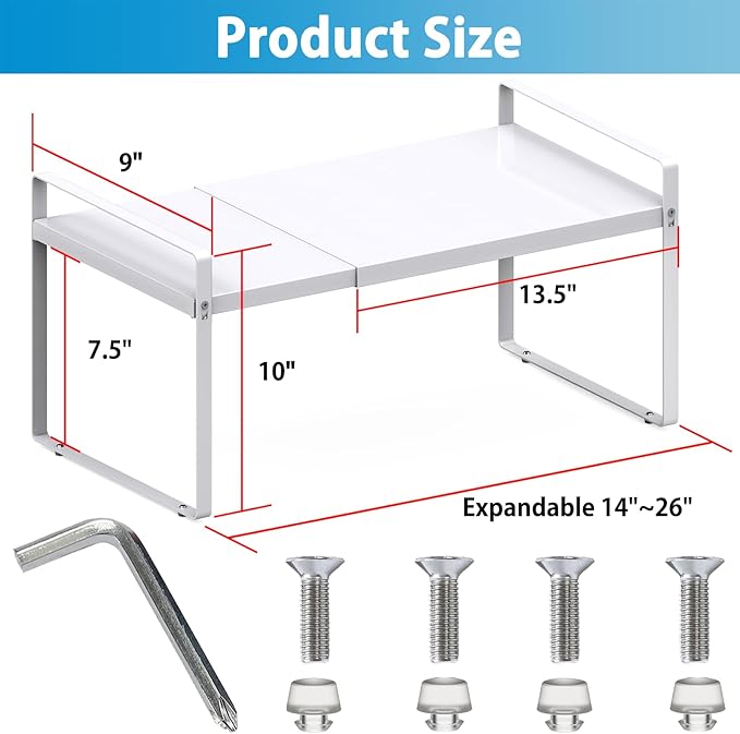 9'' Wide Expandable Cabinet Shelf Organizer Rack Adjustable Length 14''-26'' Pantry Shelf Spice Rack Heavy Duty Nonslip Kitchen Counter Storage Shelves Pantry Cupboard Under Sink Countertop White-Ruum Studio Home