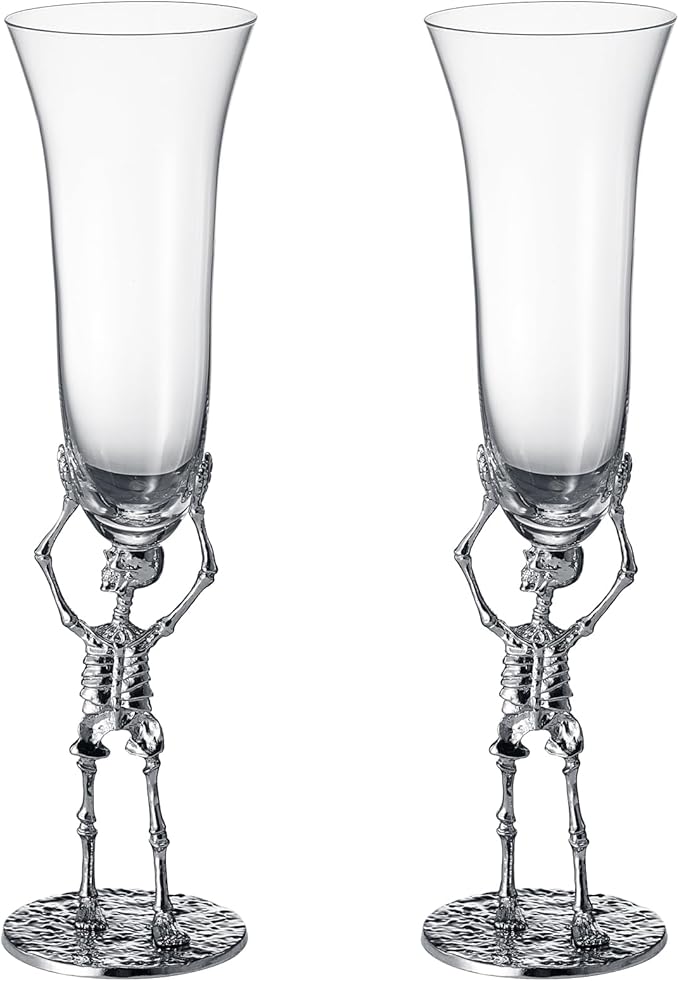 Stemmed Skeleton Champagne Flute Glasses Set of 2 | Gothic Halloween Drinkware | 7.5oz 10" Tall Skeleton Goblets for Haunted Parties, Spooky Wine Glass Set, Gothic Skeleton Decor & Unique Gift Idea-Ruum Studio Home