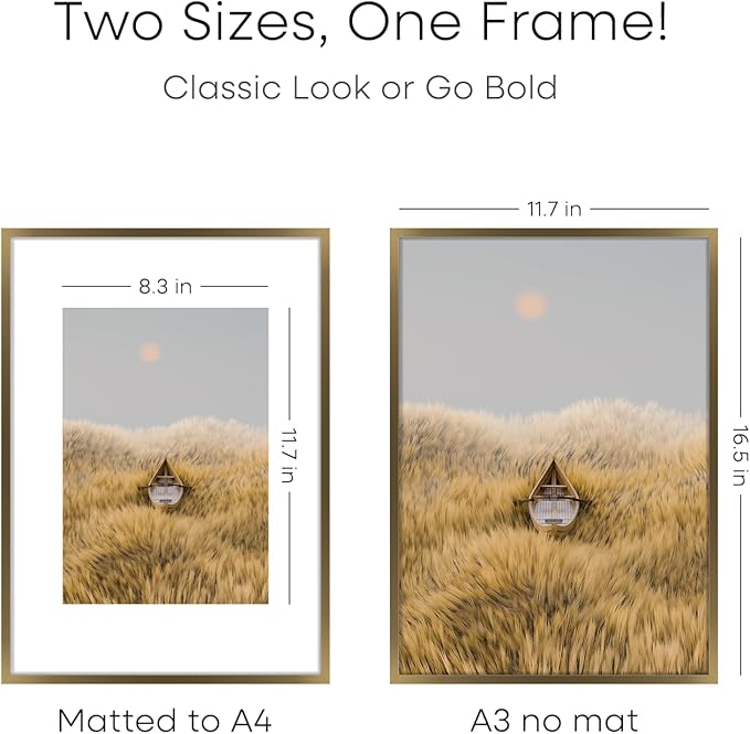 Homeforia A3 Picture Frame Bronze, High End Metal 11.7 x 16.5 inch Brass Poster Frames with Mat 8.3 by 11.7 Print, A3 Size Frames Matted to A4 Photo, 11.7by16.5 Hanging Frame, Tempered Glass, Set of 1-Ruum Studio Home