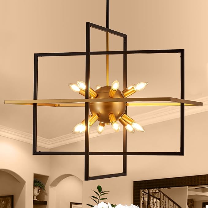 31.5'' Large Modern Lantern Chandeliers, 12-Light Black Gold Geometric Pendant Light Fixture, Industrial Hanging Chandelier for Entryway Foyer Hallway Dining Room, Kitchen Island-Ruum Studio Home