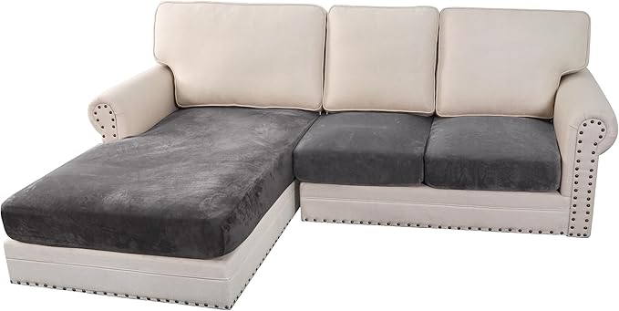 H.VERSAILTEX Velvet Stretch Sectional Couch Covers 3 Pieces Sofa Seat Cushion Covers L Shape Separate Cushion Couch Cover for Both Left/Right Sectional Couch (Large Sofa 2 Seater + 1 Chaise, Grey)-Ruum Studio Home