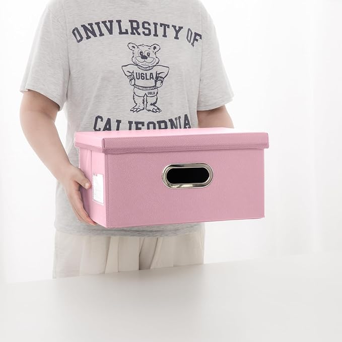 PRANDOM Collapsible Storage Box with Lid [1-Pack] Leather Fabric Foldable Storage Bin Organizer Container Basket Cube with Cover for Home Bedroom Closet Office Nursery Pink (13.6x9.6x6.9)-Ruum Studio Home