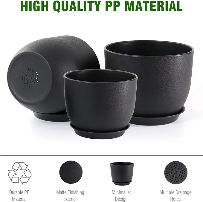 9/8/7.5 inch Plant Pots, Set of 3 Modern Decorative Plastic Planters with Drainage Holes and Tray, Flower Pots for Indoor Outdoor Plants, Black-Ruum Studio Home