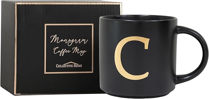 COLLECTIVE HOME - Monogram Ceramic Mugs, 15 oz Golden Initial Black Coffee Cups, Elegant Alphabet Tea Mugs, Elegant Personalized Mug with Gift Box, Unique Mug with Double Side Capital Lette (C)-Ruum Studio Home