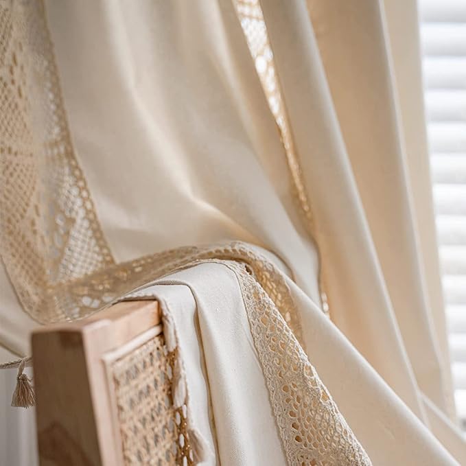 Sutuo Home Boho Curtain Crochet Lace Patchwork Semi-Blackout Bohemian Handmade Tassels, Rod Pocket Window Treatment Vintage Rustic Farmhouse Drapes for Bedroom, 1 Panel 59" W x 108" L, Beige-Ruum Studio Home