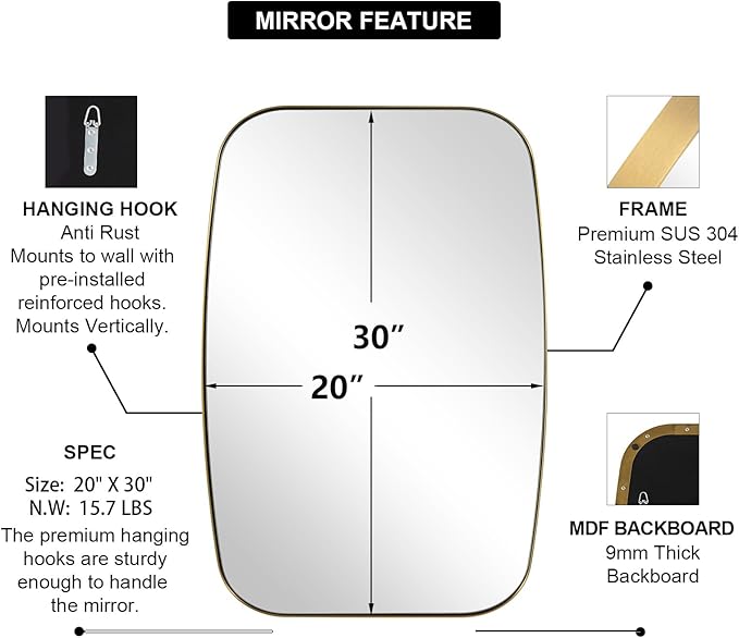 ANDY STAR Gold Bathroom Mirror, 20x30’’ Brushed Gold Vanity Mirror for Bathroom, Brushed Brass Oblong Stainless Steel Metal Frame Mirror for Over Sink-Ruum Studio Home
