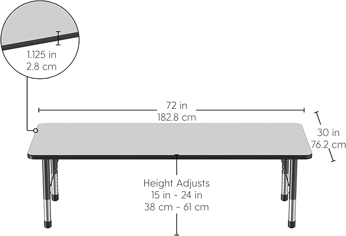 FDP Rectangle Activity School and Classroom Kids Table (30 x 72 inch), Chunky Toddler Leg, Adjustable Height 15-24 inches - Gray Top and Black Edge-Ruum Studio Home