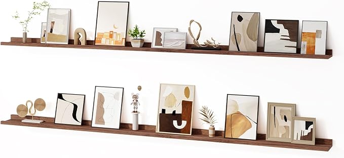 Floating Picture Ledge Shelves for Wall Set of 2, 84 Inches Picture Ledge Shelf with Long Large Nursery Book Shelf for Toys Storage Kids Bookshelf Wall Mounted Living Room Bedroom Decor Frames, Walnut-Ruum Studio Home