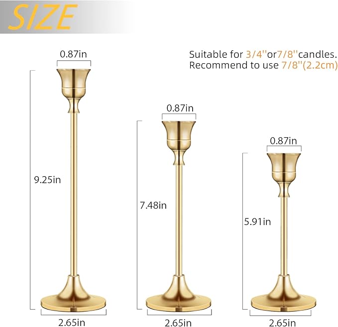 Vintage Gold Brass Taper Candle Holders for Candlesticks, Fireplace & Party - Set of 3-Ruum Studio Home