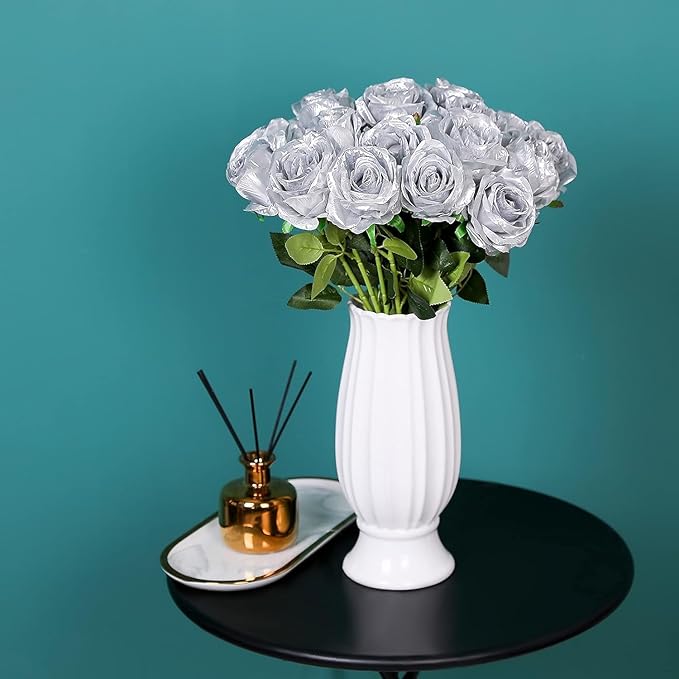 Silver Fake Roses Artificial Flowers - 10 Pcs Fake Artificial Roses Silk Flowers with Stems for Home Wedding Hotel Office Centerpiece Decor-Ruum Studio Home