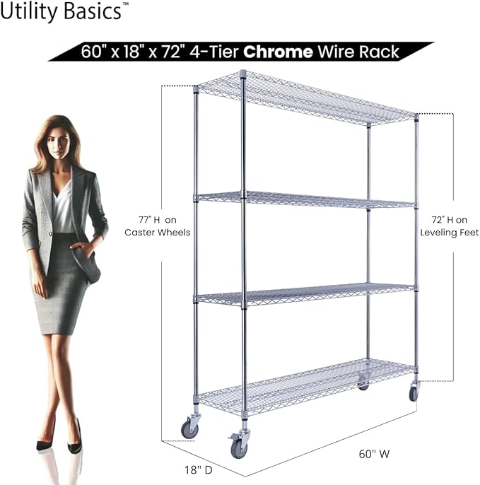 60"x18"x72" Chrome Premium Metal Steel Wire Shelving 4-Tier NSF 3200 LBS MAX Capacity Heavy Duty Storage Rack for Garages, Commercial Spaces, Hospitals, & Schools w/Premium Wheels-Ruum Studio Home