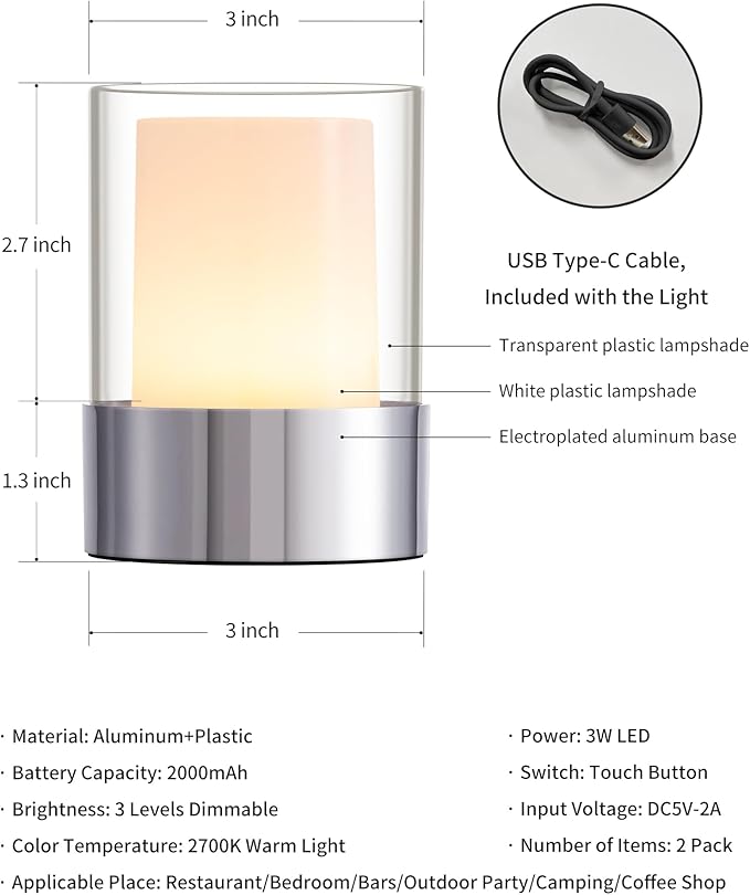 LED 4" inch Touch Night Light for Nursery Baby Kids Set of 2 (Chrome), Small Outdoor Waterproof Lamp for Bathroom Camping, Rechargeable Cordless Table Lamp for Bar Bedside Restaurant Gifts-Ruum Studio Home