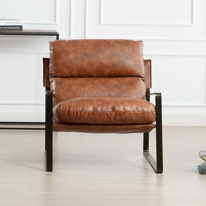 DUOMAY Mid-Century Accent Chair Armchair, Comfy PU Leather Leisure Chair Lazy Chair with Brozen Metal Leg for Living Room Bedroom Office Apartment, Brown-Ruum Studio Home