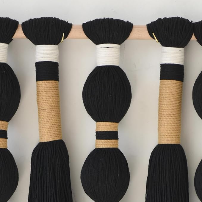 Macrame Wall Hanging Black Sphericity Cotton Tassels Textile Hanging Geometric Yarn Wall Art for Bedroom Living Room Decor 15.7" W x 39" L-Ruum Studio Home