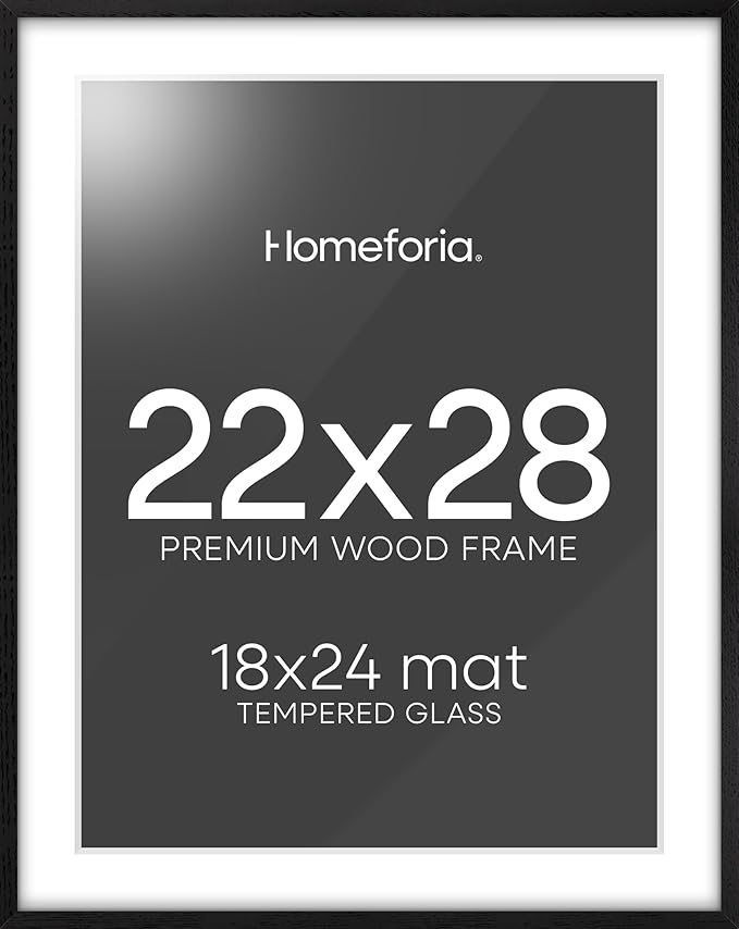 Homeforia 22x28 Poster Frame Black, High End Oak Wooden Picture Frame 22x28 with Mat 18x24, Tempered Glass, Wall Hook Included, Set of 1-Ruum Studio Home