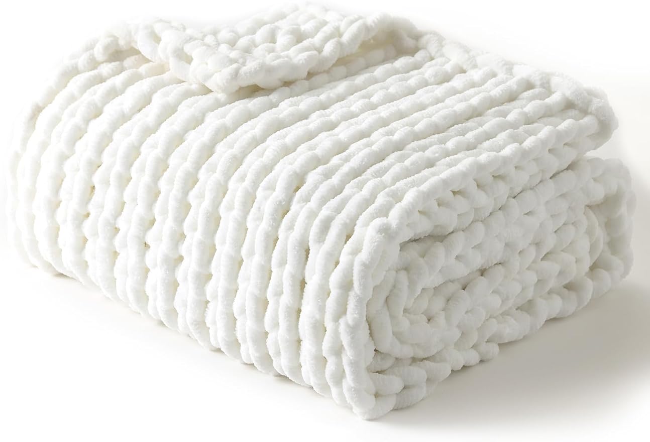 YnM Chunky Throw Blanket, Medium-Weight, Hand Knitted with Chenielle Yarn, Skin Friendly, Ventilated and Breathable, Machine Washable, Home Décor Piece for Couch, Sofa and Bed (White, 50x60 Inch)-Ruum Studio Home