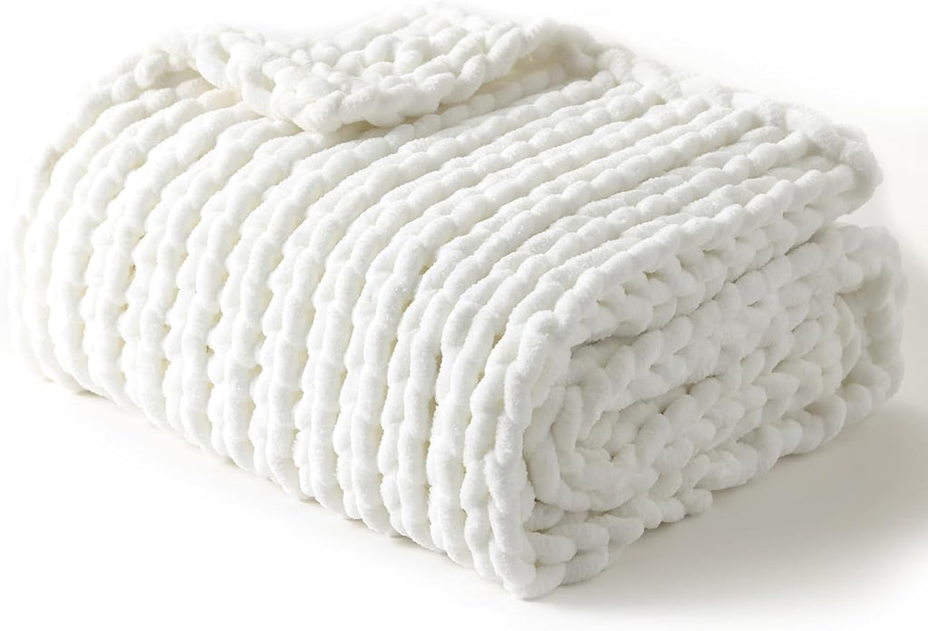 YnM Chunky Throw Blanket, Medium-Weight, Hand Knitted with Chenielle Yarn, Skin Friendly, Ventilated and Breathable, Machine Washable, Home Décor Piece for Couch, Sofa and Bed (White, 60x80 Inch)-Ruum Studio Home