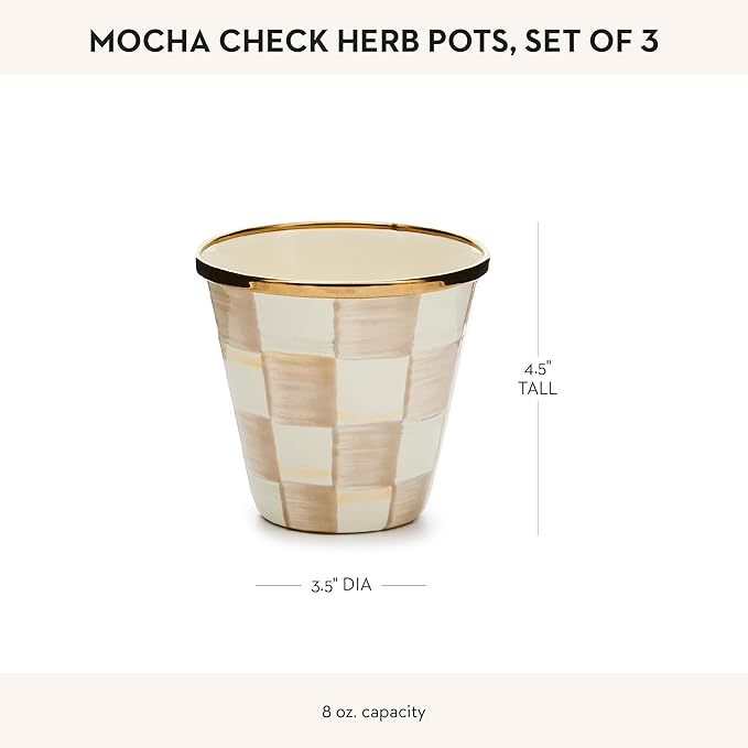 MACKENZIE-CHILDS Enamel Herb Pots, Small Plant Pots for Herbs or Flowers, Set of 3, Brown-and-White Mocha Check-Ruum Studio Home