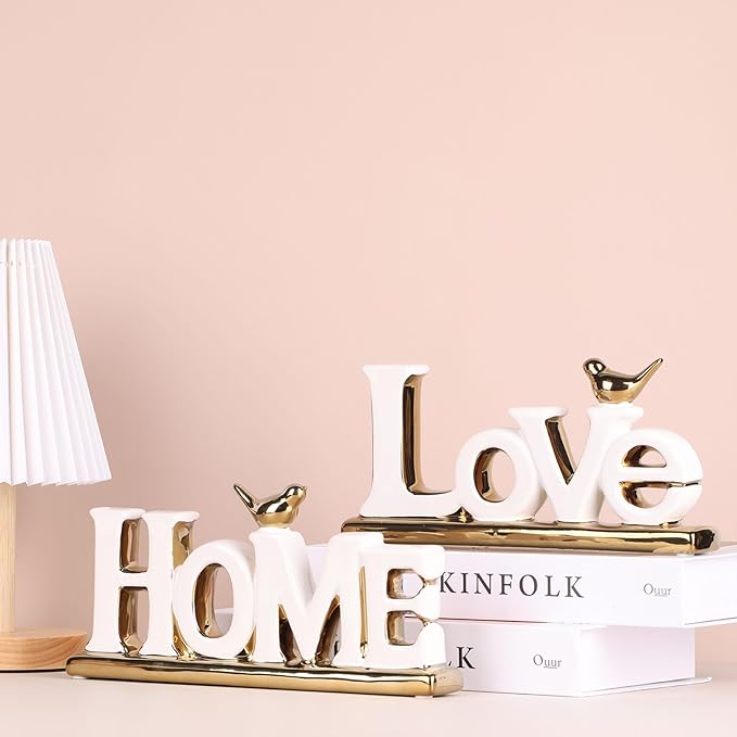 White and Gold Decor Statue - Home and Love Sign Decoration - Gold Bird with Home Sculpture - Figurine Decorative Ornaments for Living Room, Bedroom, Desktop, Cabinets-Ruum Studio Home