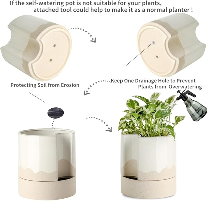 Nihow Self Watering Plant Pot: 8 Inch Ceramic Planter with Drainage Hole & Water Storage Plus for Indoor & Outdoor Plants - Cylinder Round Flower Pot for Succulent/Herbs/Violets - White & Wave Nature-Ruum Studio Home