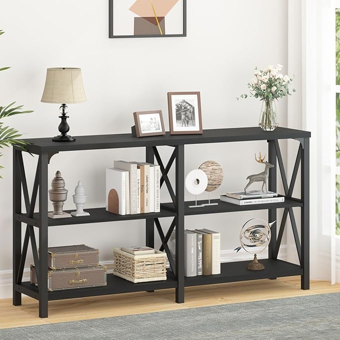 LVB Black Console Table, Modern Entryway Table with 3 Tier Storage Shelves, Industrial Sofa Table Behind Couch for Living Room, Farmhouse Wood Metal Entry Table for Hallway Foyer, Black Oak, 55 Inch-Ruum Studio Home