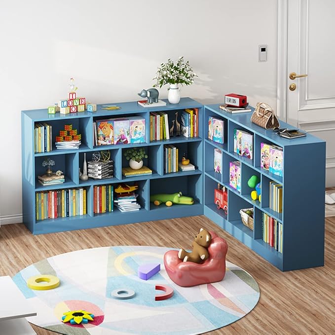 IOTXY Open Shelf Low Bookcase - Wooden 3-Tier Floor Standing Display Cabinet Organizer with Base, 7 Cubes Short Horizontal Bookshelf in Bright Blue-Ruum Studio Home